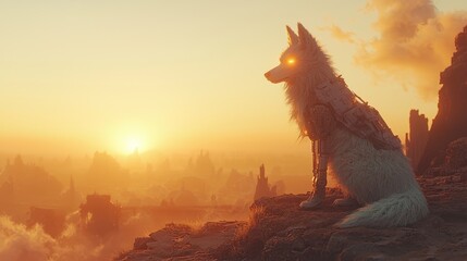 White animal with glowing eyes sits on rocky cliff in sunset