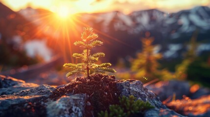 Young Evergreen Sapling Growing on Rocky Terrain with Bright Sunset in Background, Nature's Resilience and Beauty Captured in Scenic Landscape