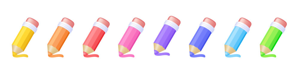 Colorful pencils with erasers in tilted writing position, isolated stationery and office supply symbol for education and design. Set of isolated vector icons. 3d Illustration collection.
