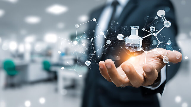 Scientist holding a digital molecular structure with a laboratory flask, symbolizing scientific research and innovation in a modern lab environment.