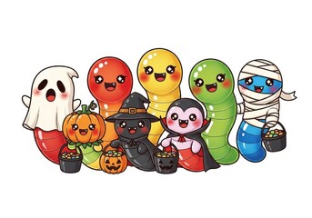 Fototapeta premium Cute cartoon Halloween characters including ghost vampire witch mummy pumpkin and worms image