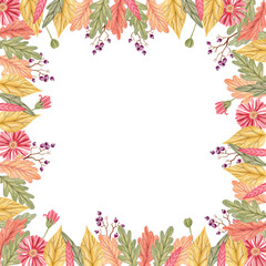 Hand drawn colored pencil square frame with autumn leaves, fall flowers and berries. Botanical illustration border for invitations, Thanksgiving Day greeting cards and harvest festival decoration.