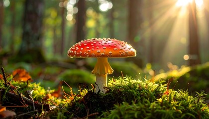 Forest mushroom bathed in sunlight