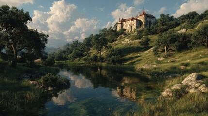 Naklejka premium Scenic view of a castle on a hill overlooking a reflective lake and landscape