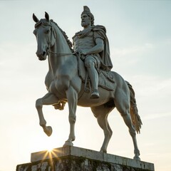 Obraz premium Dramatic Equestrian Statue of Roman General at Sunset with SunburstDESCRIPTION A striking, low-angle photograph of a classical equestrian statue, likely depicting a Roman general, emperor, or legend