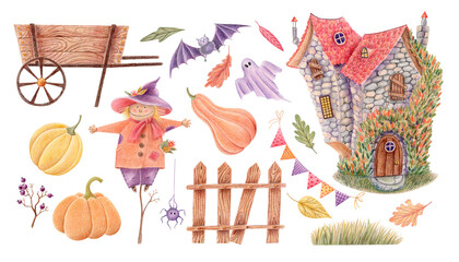 Hand drawn Halloween illustration with ancient haunted house, scarecrow, pumpkins, bat, ghost, spider, autumn leaves, wooden cart and fence. Cute spooky clipart set for holiday design, cards, posters. © DarkberryStudio