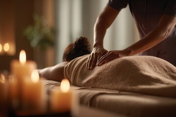 A woman receiving a relaxing massage in a spa setting with soft candlelight ambiance, enjoying therapeutic touch and serene atmosphere, fostering wellness and rejuvenation.