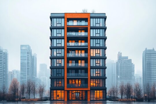 Modern apartment building orange facade urban architecture residential tower cityscape contemporary design glass windows downtown skyline housing real estate