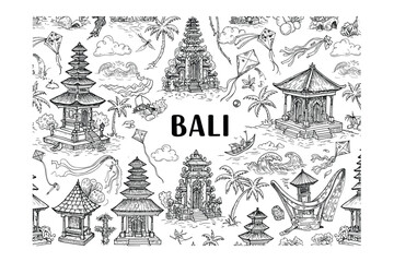 Exploring traditional balinese architecture bali illustrative tropical paradise aerial view cultural heritage. Vector illustration