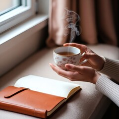 A woman enjoys a mindful tea ritual at a window seat with steam curling from the cup and a journal open. Close-up of hands and cup, soft ambient light, warm pastel tones, and intimate self-care mood. 