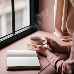 A woman enjoys a mindful tea ritual at a window seat with steam curling from the cup and a journal open. Close-up of hands and cup, soft ambient light, warm pastel tones, and intimate self-care mood. 