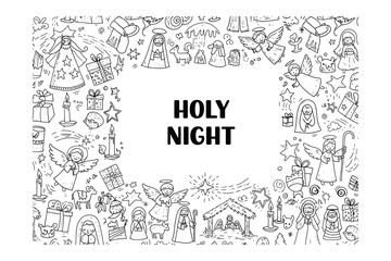 Naklejka premium Celebrating holy night with festive angels and nativity scenes cozy home environment whimsical. Vector illustration