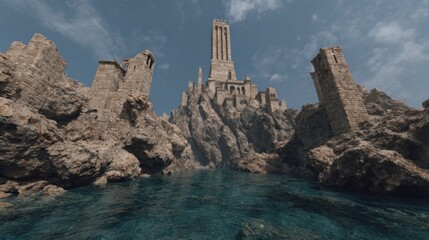 Ancient Coastal Fortress on Rocky Terrain with Dramatic Sky and Water