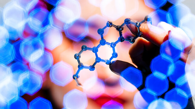 Hand holding a molecular model against a colorful hexagonal background