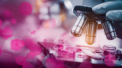 Scientist examining samples under a microscope in a laboratory setting with pink molecular overlays