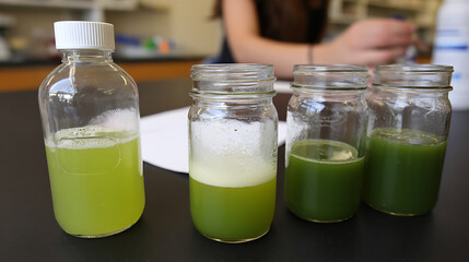 Four containers with green liquid, likely algae or plant extract, displayed on a lab table with a person in the background.