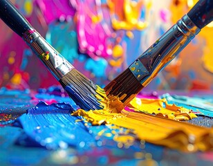 Obraz premium Vibrant paintbrushes mixing colorful art supplies on a palette creating abstract textures.