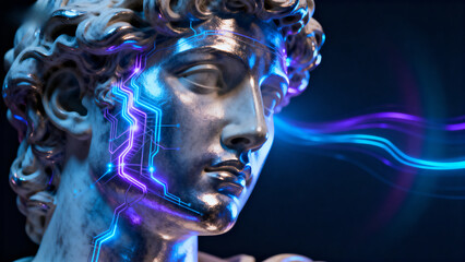 Classical statue head with glowing neon circuitry and digital energy effects