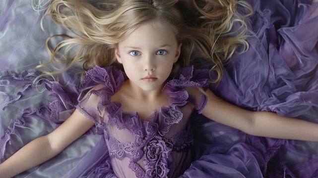 A young girl wearing a purple dress is lying down on a bed, possibly resting or sleeping