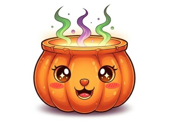 Cute cartoon pumpkin cauldron with bubbling green and purple smoke halloween