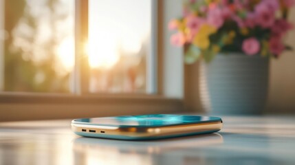 Modern mobile device on a sunlit surface with vibrant florals, suggesting tranquility and