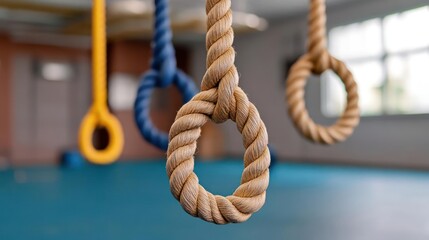 Gymnastics ring equipment in a colorful gymnasium showcasing fitness and competitive sports