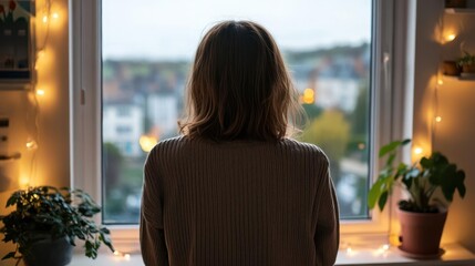 Woman looking at the city view from the window in a cozy room with decorative lights creating a