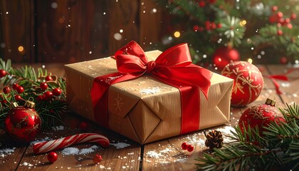 Festive Christmas gift on wooden table