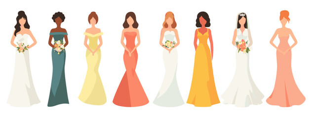 Diverse women in elegant wedding dresses
