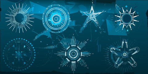 Abstract futuristic geometric shapes and starbursts in cool blue tones on dark background