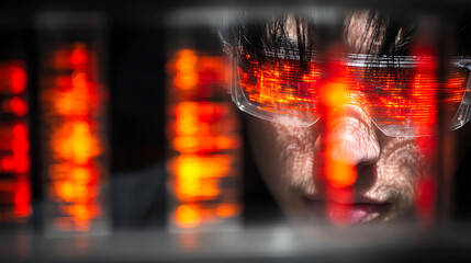 Person wearing safety goggles with red digital reflections in a high-tech environment