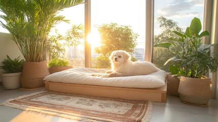 Peaceful dog rests on cushion near window with plants bathed in warm sunlight ambiance