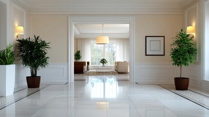 Sophisticated interior showcasing an elegant foyer and a seamlessly connected living space bathed