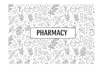 Pharmacy scientific illustrations of medicinal plants and chemistry concepts in a colorful design. Vector illustration