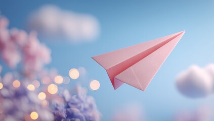 Pink paper airplane in flight against a soft sky with flowers and clouds