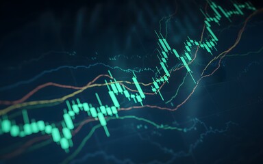 Green stock market candlestick chart with upward trend and bollinger bands