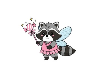 Cute cartoon raccoon fairy holding a pink striped lollipop wand animal