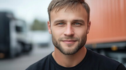 Smiling truck driver portrait with beard outdoors and cargo in the background