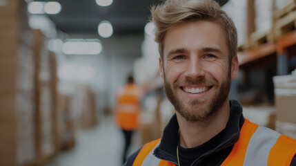 Naklejka premium Smiling warehouse worker portrait in industrial setting with safety and logistics focus