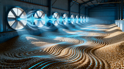 Sound waves shaping sand patterns in an industrial warehouse setting