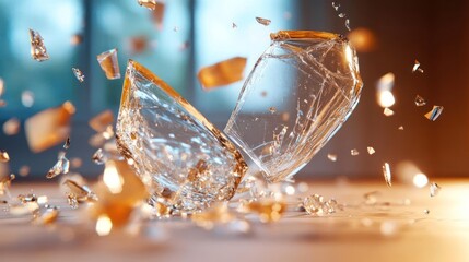 Shattered glass explosion with dynamic fragment dispersal and mesmerizing light effects that