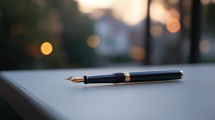 Elegant fountain pen poised for creative expression, bathed in soft, blurred twilight illumination
