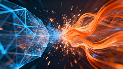 Abstract digital collision between geometric blue structure and flowing orange energy with sparks in dark space