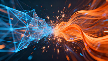 Abstract digital network merging with flowing energy particles in a dynamic cosmic scene