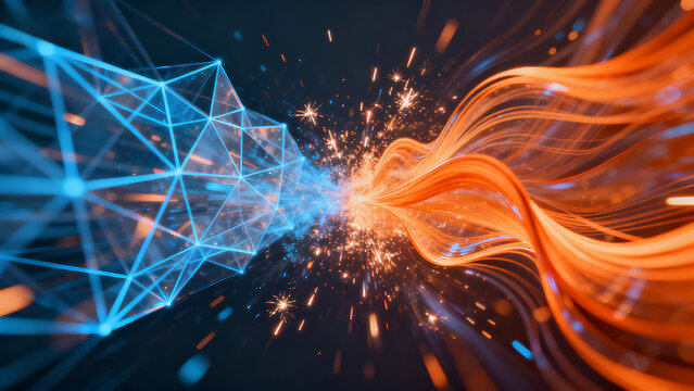Abstract digital network merging with flowing energy particles in a dynamic cosmic scene