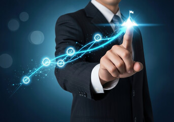 A close-up of a businessman’s hand in a suit pointing forward, futuristic glowing progress line graph with checkmarks on each step, ending with a mountain peak and flag icon