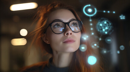Woman wearing glasses looking at futuristic digital interface with glowing holographic elements