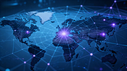 Global network connections overlaid on a world map with glowing nodes and digital lines