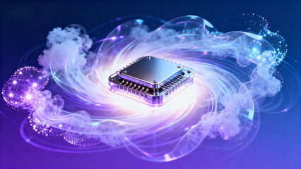 A microchip surrounded by glowing energy waves and clouds in a futuristic digital environment