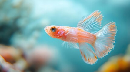 A captivating close-up showcasing the ethereal beauty of an orange guppy fish swimming gracefully